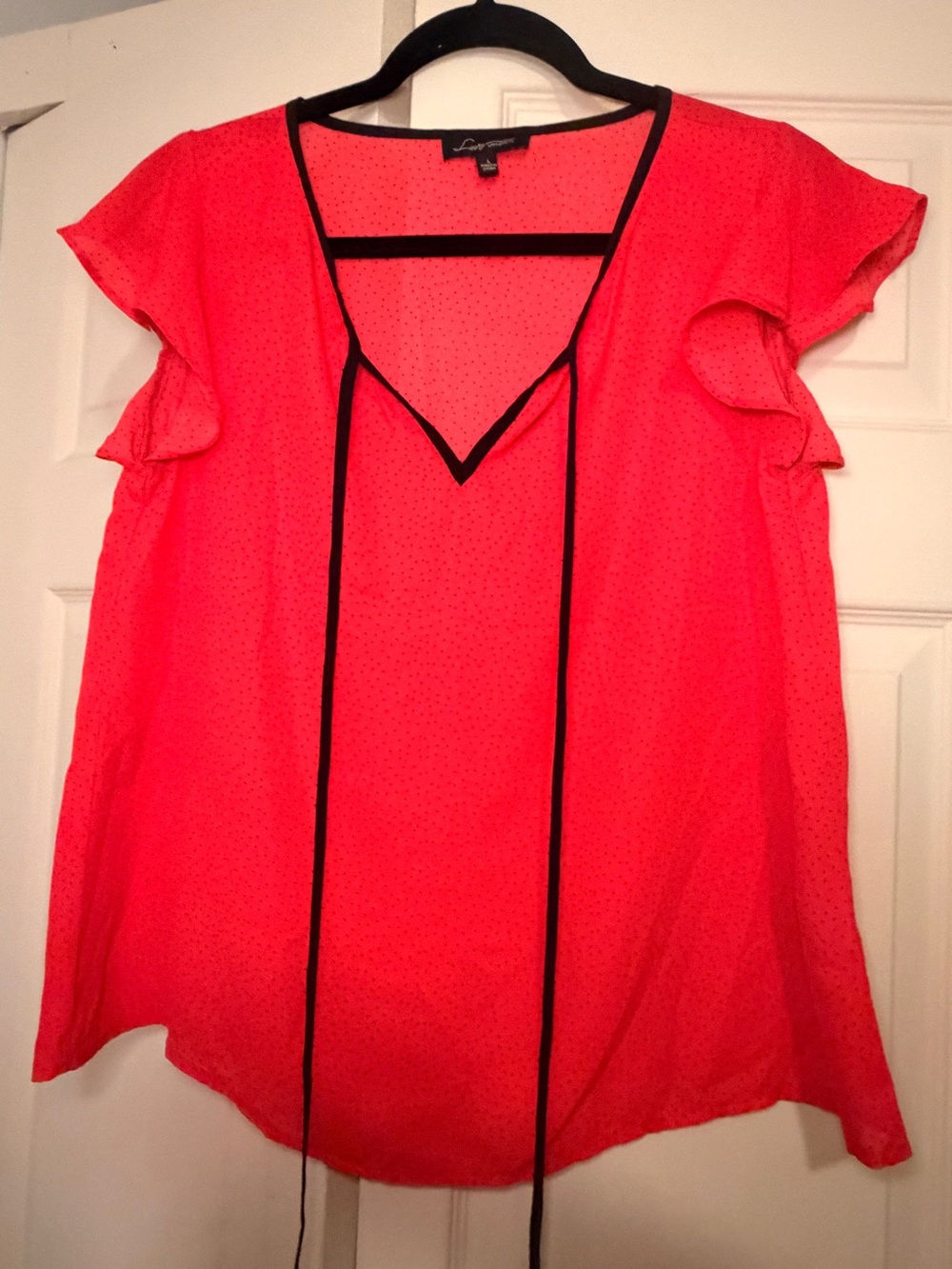 Lush Red V-Neck Flutter Sleeve Blouse with Black Trim